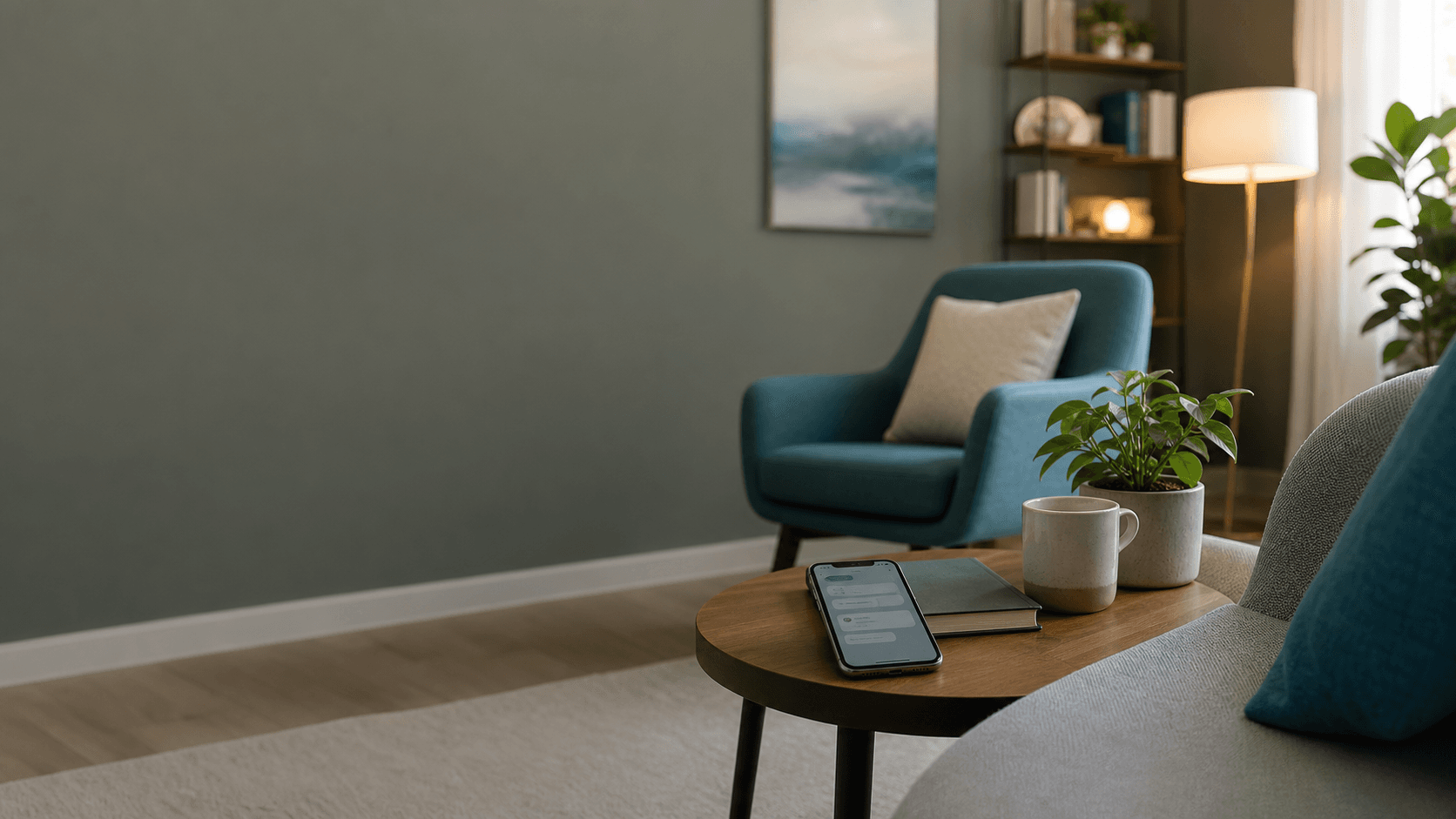 A quiet therapy-office setting with a phone prepared for private conversation support